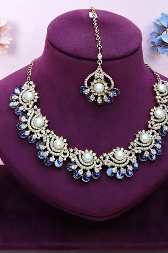 Blue yellow gold premium designer american diamond and stone work necklace set