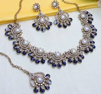 Blue yellow gold premium designer american diamond and stone work necklace set 2