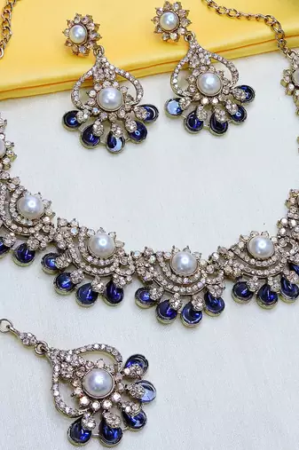 Blue yellow gold premium designer american diamond and stone work necklace set