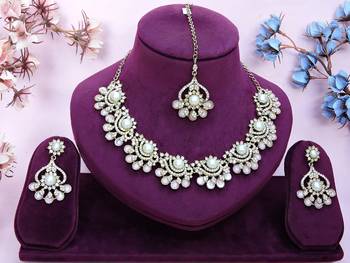 Pink yellow gold premium designer american diamond and stone work necklace set 1