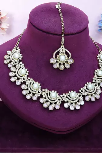 Pink yellow gold premium designer american diamond and stone work necklace set