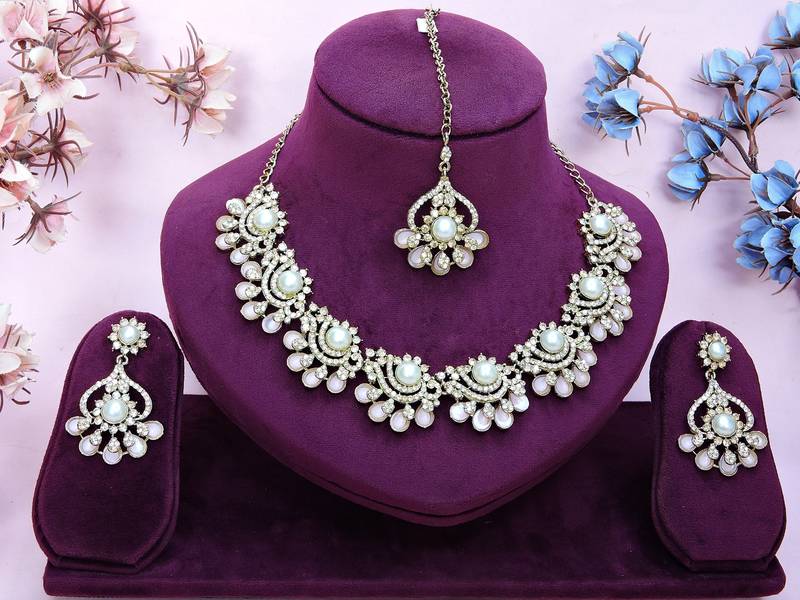Pink yellow gold premium designer american diamond and stone work necklace set
