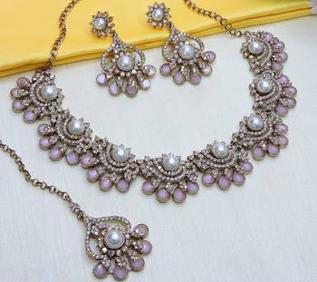 Pink yellow gold premium designer american diamond and stone work necklace set 2