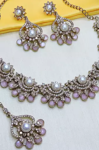Pink yellow gold premium designer american diamond and stone work necklace set