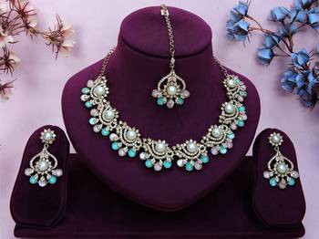 Green yellow gold premium designer american diamond and stone work necklace set 1