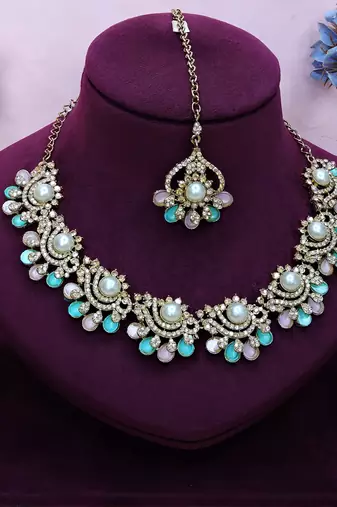 Green yellow gold premium designer american diamond and stone work necklace set