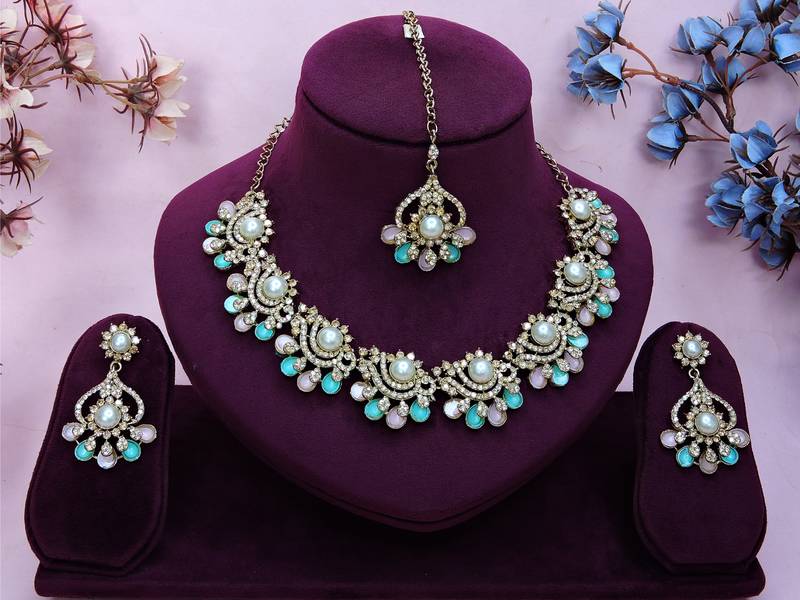 Green yellow gold premium designer american diamond and stone work necklace set