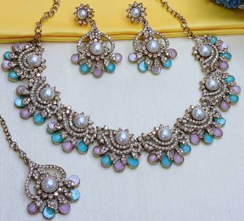 Green yellow gold premium designer american diamond and stone work necklace set 2
