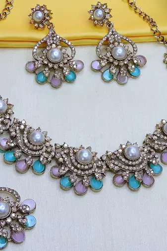 Green yellow gold premium designer american diamond and stone work necklace set