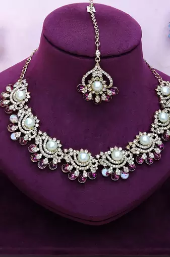 Purple yellow gold premium designer american diamond and stone work necklace set
