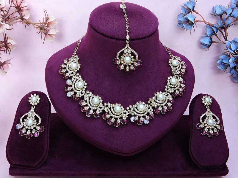 Purple yellow gold premium designer american diamond and stone work necklace set