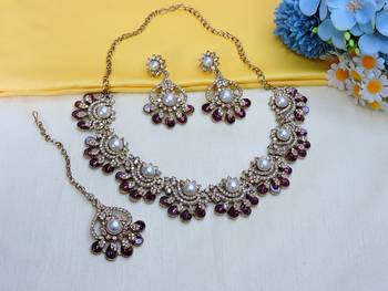Purple yellow gold premium designer american diamond and stone work necklace set 2