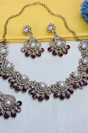Purple yellow gold premium designer american diamond and stone work necklace set