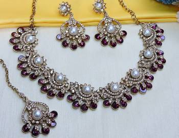 Purple yellow gold premium designer american diamond and stone work necklace set 3