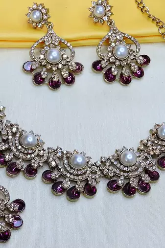 Purple yellow gold premium designer american diamond and stone work necklace set