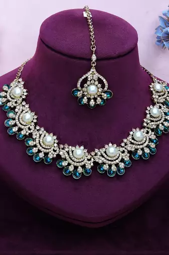 Blue yellow gold premium designer american diamond and stone work necklace set