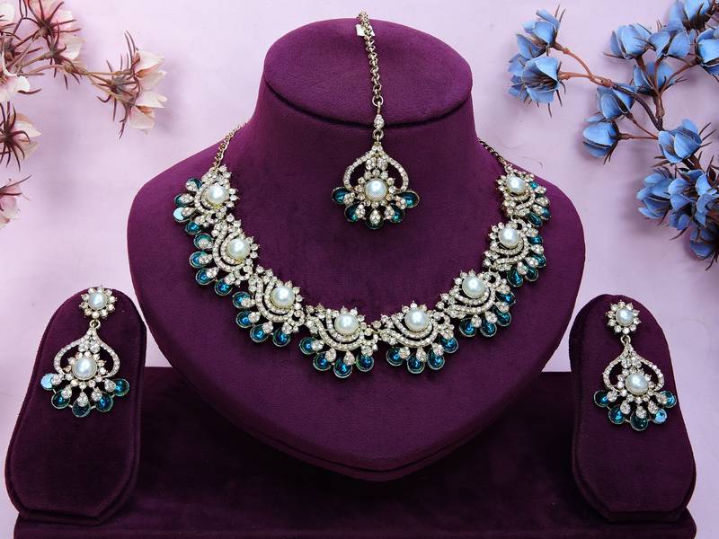Blue yellow gold premium designer american diamond and stone work necklace set