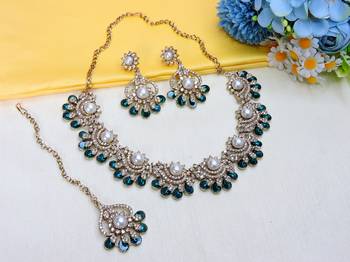 Blue yellow gold premium designer american diamond and stone work necklace set 2