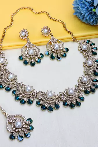 Blue yellow gold premium designer american diamond and stone work necklace set