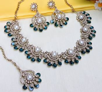 Blue yellow gold premium designer american diamond and stone work necklace set 3