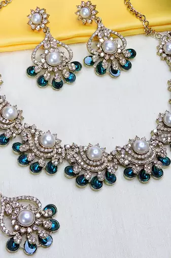 Blue yellow gold premium designer american diamond and stone work necklace set