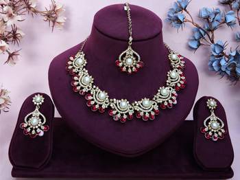 Pink yellow gold premium designer american diamond and stone work necklace set 1