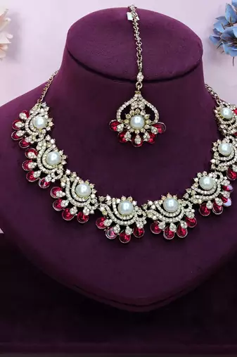 Pink yellow gold premium designer american diamond and stone work necklace set
