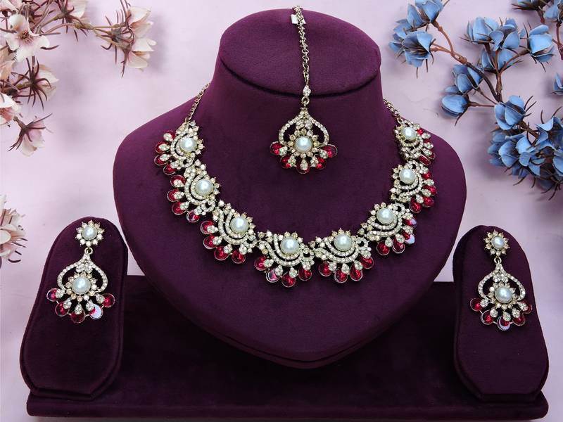 Pink yellow gold premium designer american diamond and stone work necklace set