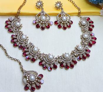 Pink yellow gold premium designer american diamond and stone work necklace set 2