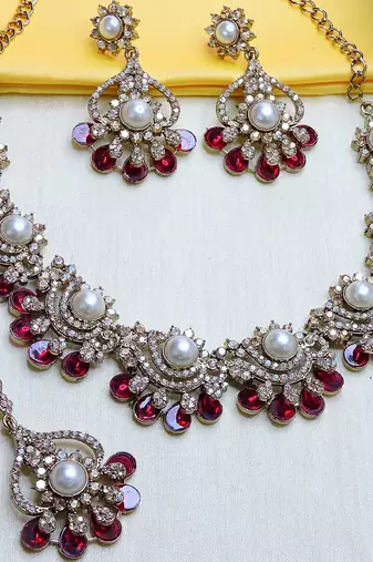 Pink yellow gold premium designer american diamond and stone work necklace set