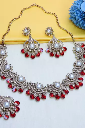 Red yellow gold premium designer american diamond and stone work necklace set
