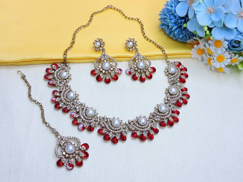 Red yellow gold premium designer american diamond and stone work necklace set