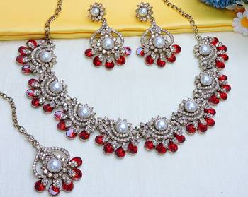 Red yellow gold premium designer american diamond and stone work necklace set 2