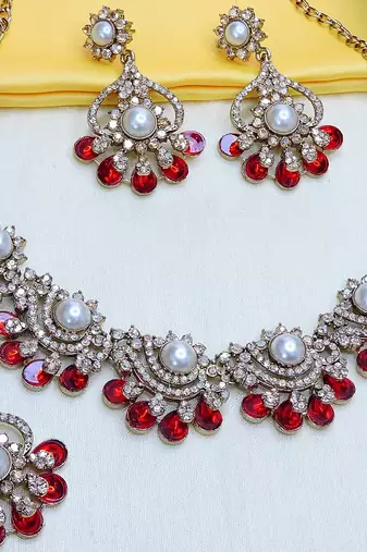 Red yellow gold premium designer american diamond and stone work necklace set