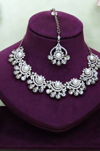 White yellow gold premium designer american diamond and stone work necklace set
