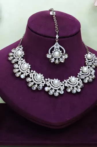 White yellow gold premium designer american diamond and stone work necklace set