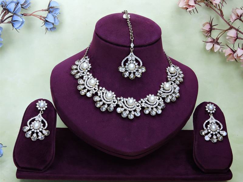 White yellow gold premium designer american diamond and stone work necklace set