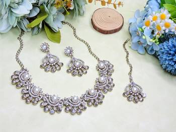 White yellow gold premium designer american diamond and stone work necklace set 2