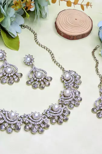 White yellow gold premium designer american diamond and stone work necklace set