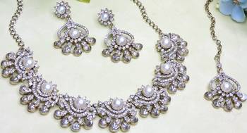 White yellow gold premium designer american diamond and stone work necklace set 3