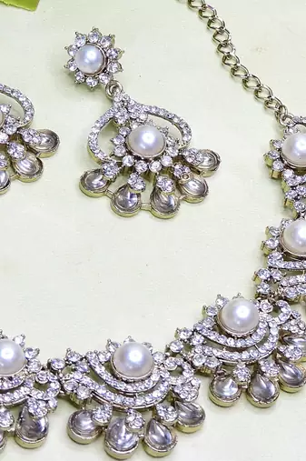 White yellow gold premium designer american diamond and stone work necklace set