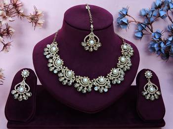 White yellow gold premium designer american diamond and stone work necklace set 1