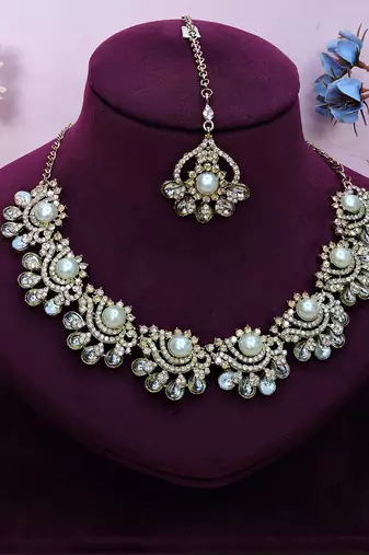 White yellow gold premium designer american diamond and stone work necklace set