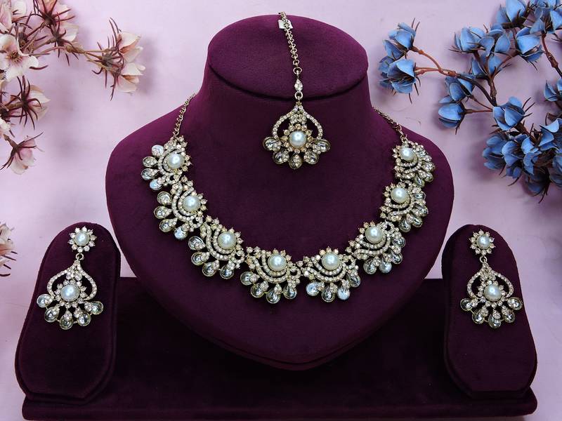 White yellow gold premium designer american diamond and stone work necklace set