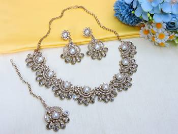 White yellow gold premium designer american diamond and stone work necklace set 2