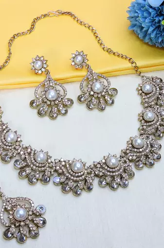 White yellow gold premium designer american diamond and stone work necklace set