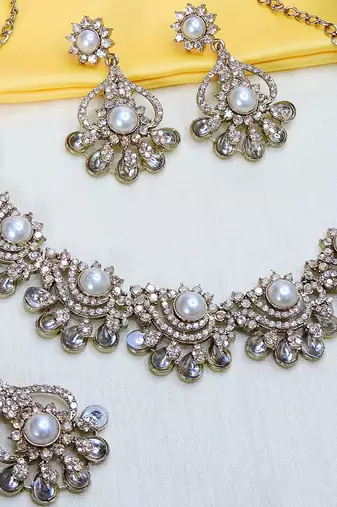 White yellow gold premium designer american diamond and stone work necklace set