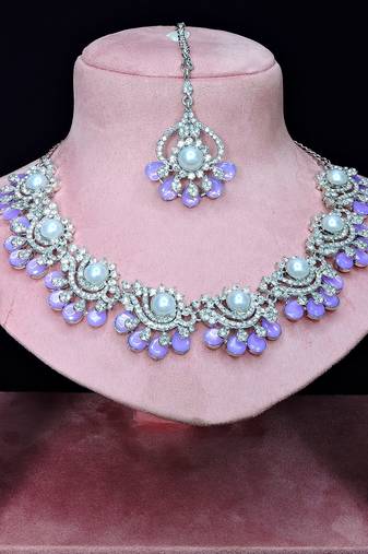 Purple rhodium premium designer american diamond and stone work necklace set