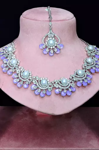 Purple rhodium premium designer american diamond and stone work necklace set