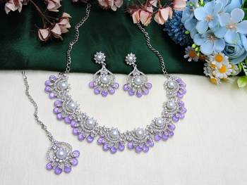 Purple rhodium premium designer american diamond and stone work necklace set 2
